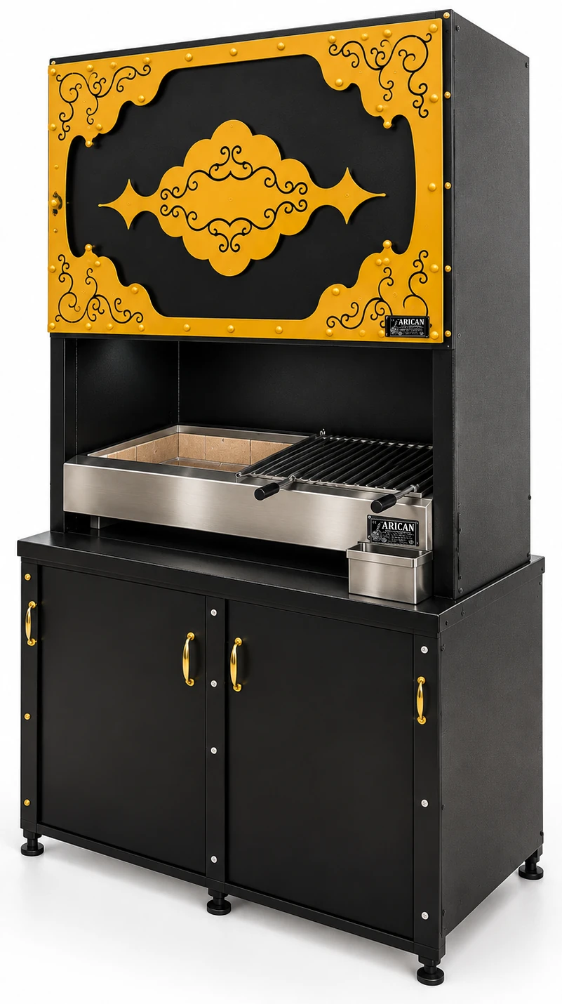 Schwarzer Holzkohlegrill mit dekorativer Haube und Unterschrank — ARICAN DESIGN · 100 cm
