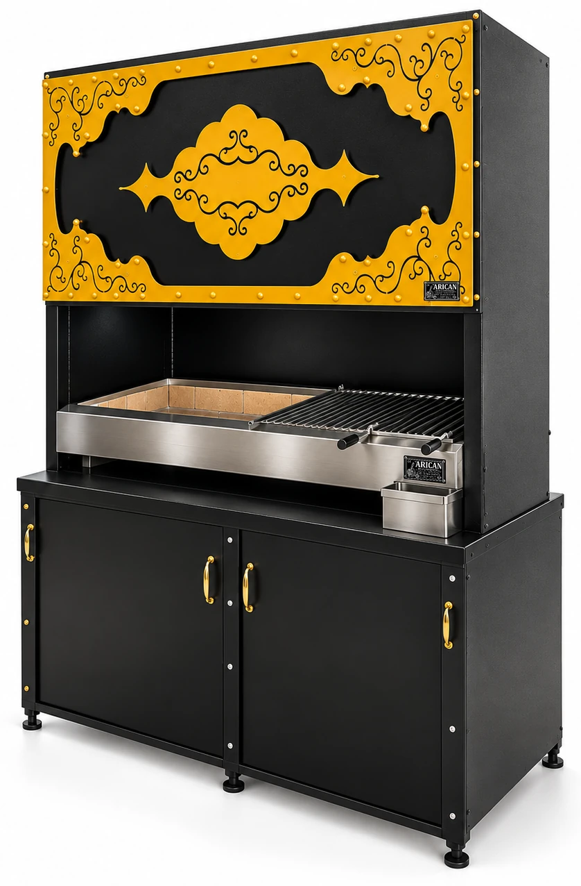 Schwarzer Holzkohlegrill mit dekorativer Haube und Unterschrank — ARICAN DESIGN · 125 cm