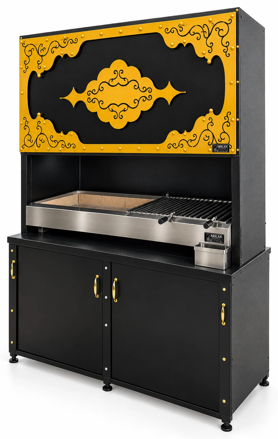 Schwarzer Holzkohlegrill mit dekorativer Haube und Unterschrank — ARICAN DESIGN · 150 cm