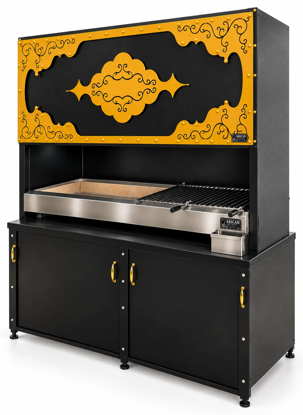 Schwarzer Holzkohlegrill mit dekorativer Haube und Unterschrank — ARICAN DESIGN · 175 cm