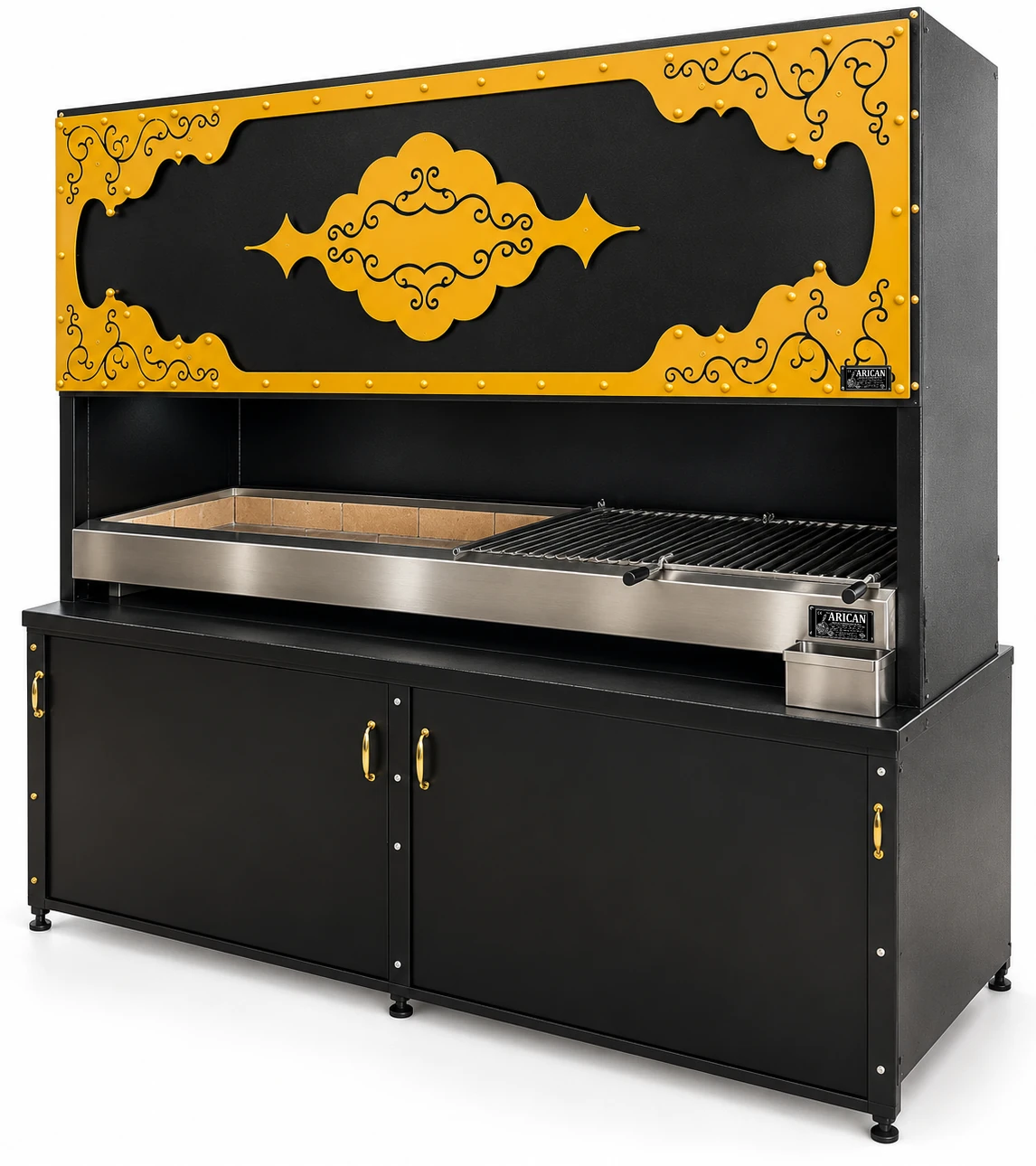 Schwarzer Holzkohlegrill mit dekorativer Haube und Unterschrank — ARICAN DESIGN · 200 cm
