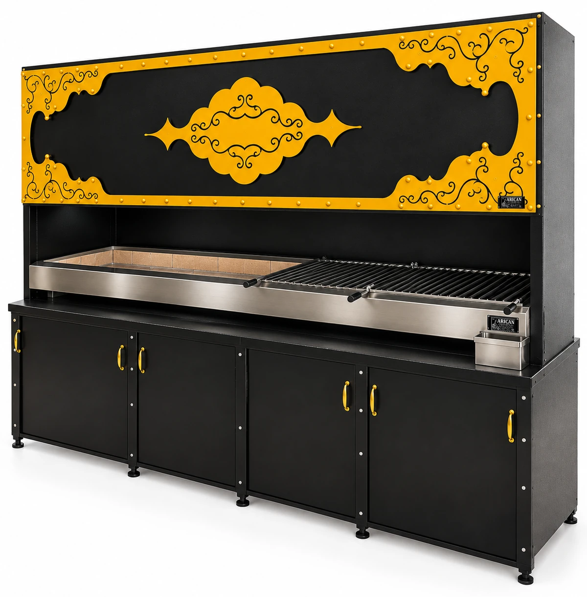 Schwarzer Holzkohlegrill mit dekorativer Haube und Unterschrank — ARICAN DESIGN · 250 cm