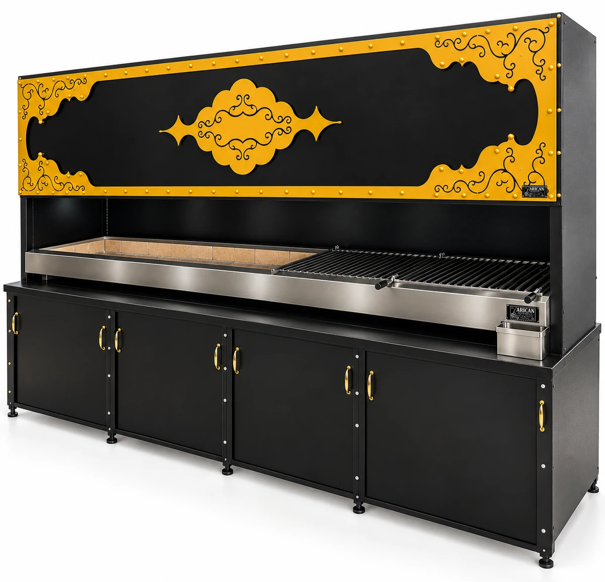 Schwarzer Holzkohlegrill mit dekorativer Haube und Unterschrank — ARICAN DESIGN · 300 cm