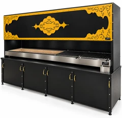 Parrilla de carbón negra con campana decorativa y mueble inferior — ARICAN DESIGN · 300 cm