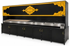 Parrilla de carbón negra con campana decorativa y mueble inferior — ARICAN DESIGN · 350 cm