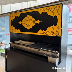 Black decorative charcoal grill with cabinet — ARICAN DESIGN · 125 cm — Black ARICAN DESIGN workshop example. Decorative details may vary by project; the photograph does not verify the selected width.