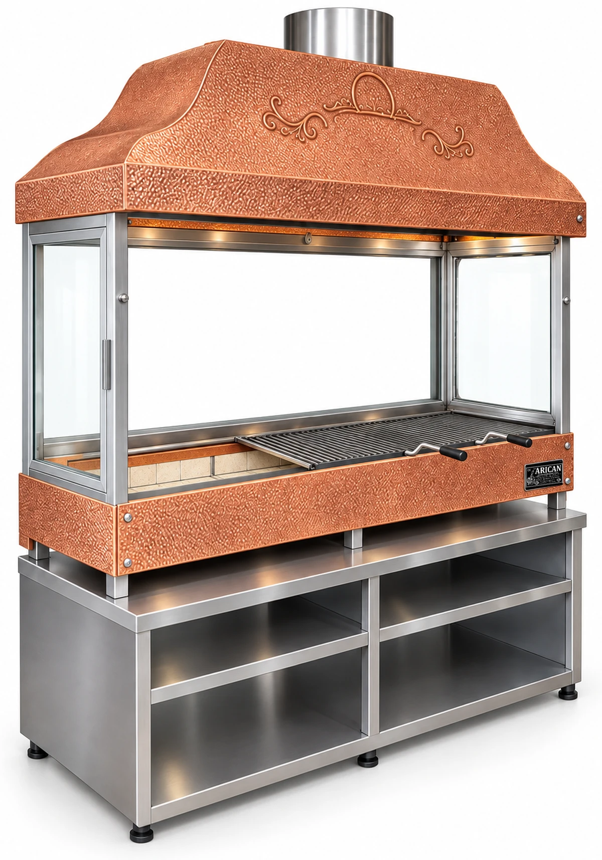 Holzkohle-Kebabgrill mit Kupferhaube, gehärtetem Glas und Unterschrank · 100 cm