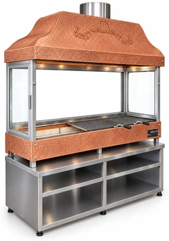 Parrilla de carbón para kebab con campana de cobre, vidrio templado y mueble inferior · 100 cm