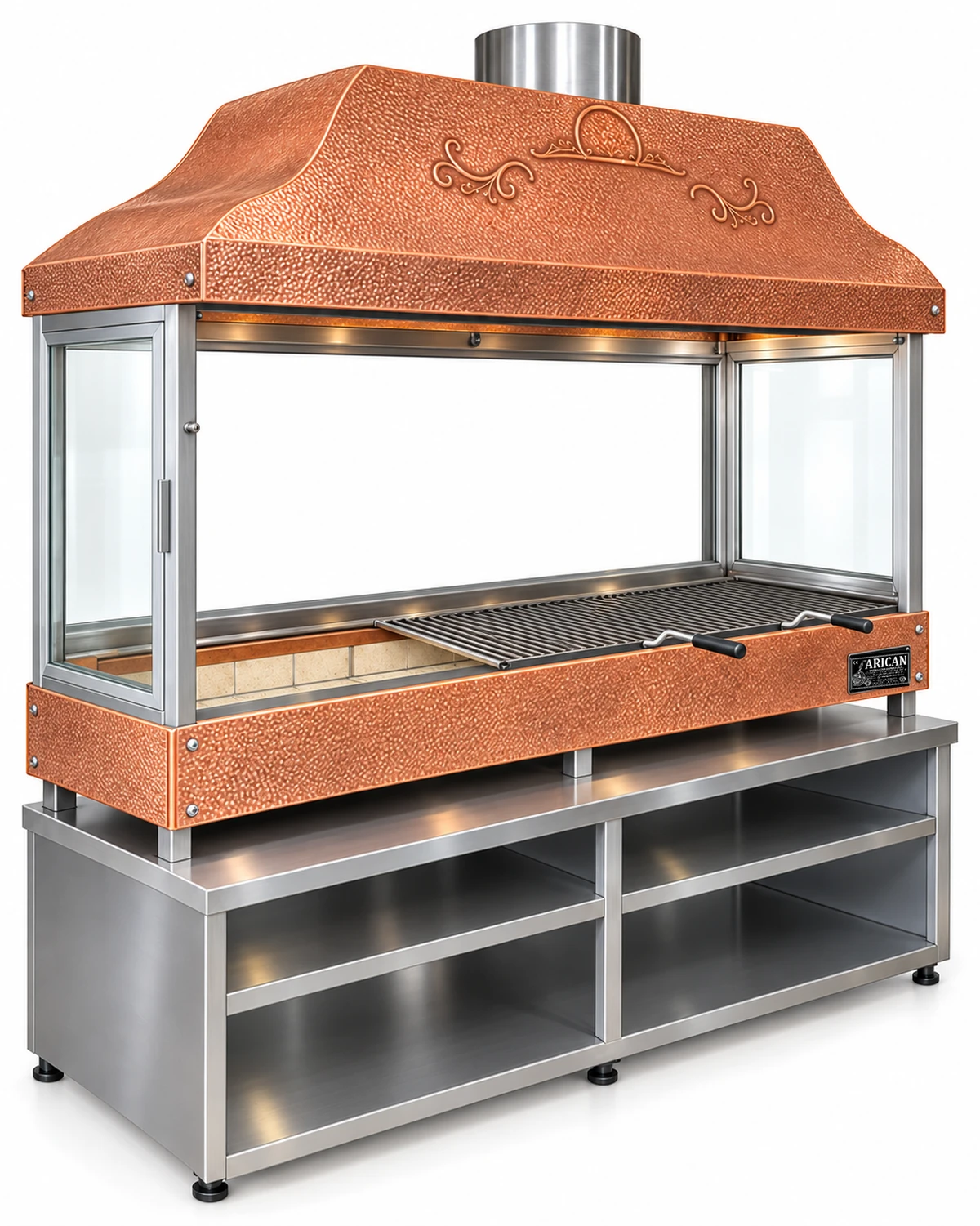 Holzkohle-Kebabgrill mit Kupferhaube, gehärtetem Glas und Unterschrank · 125 cm