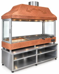 Parrilla de carbón para kebab con campana de cobre, vidrio templado y mueble inferior · 125 cm