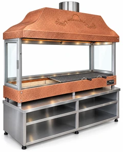 Parrilla de carbón para kebab con campana de cobre, vidrio templado y mueble inferior · 150 cm