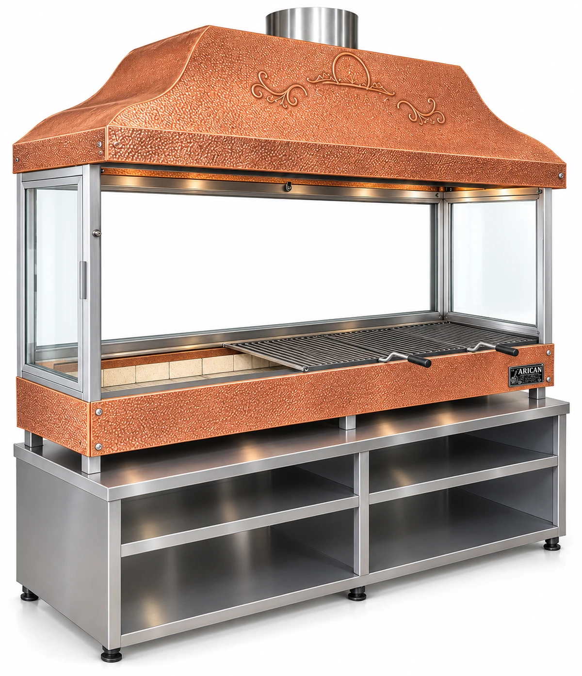Holzkohle-Kebabgrill mit Kupferhaube, gehärtetem Glas und Unterschrank · 175 cm