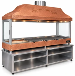 Parrilla de carbón para kebab con campana de cobre, vidrio templado y mueble inferior · 200 cm