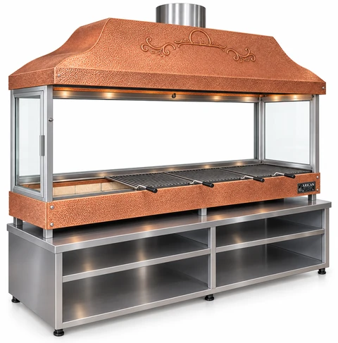 Holzkohle-Kebabgrill mit Kupferhaube, gehärtetem Glas und Unterschrank · 200 cm