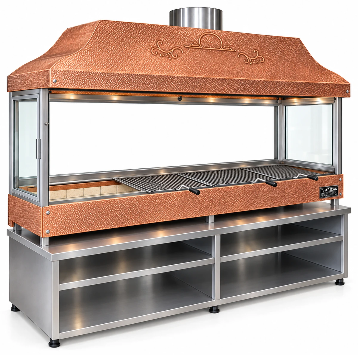 Holzkohle-Kebabgrill mit Kupferhaube, gehärtetem Glas und Unterschrank · 250 cm