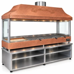 Parrilla de carbón para kebab con campana de cobre, vidrio templado y mueble inferior · 250 cm
