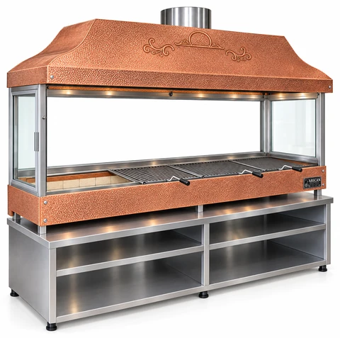 Charcoal kebab grill with copper hood, tempered glass and cabinet · 250 cm