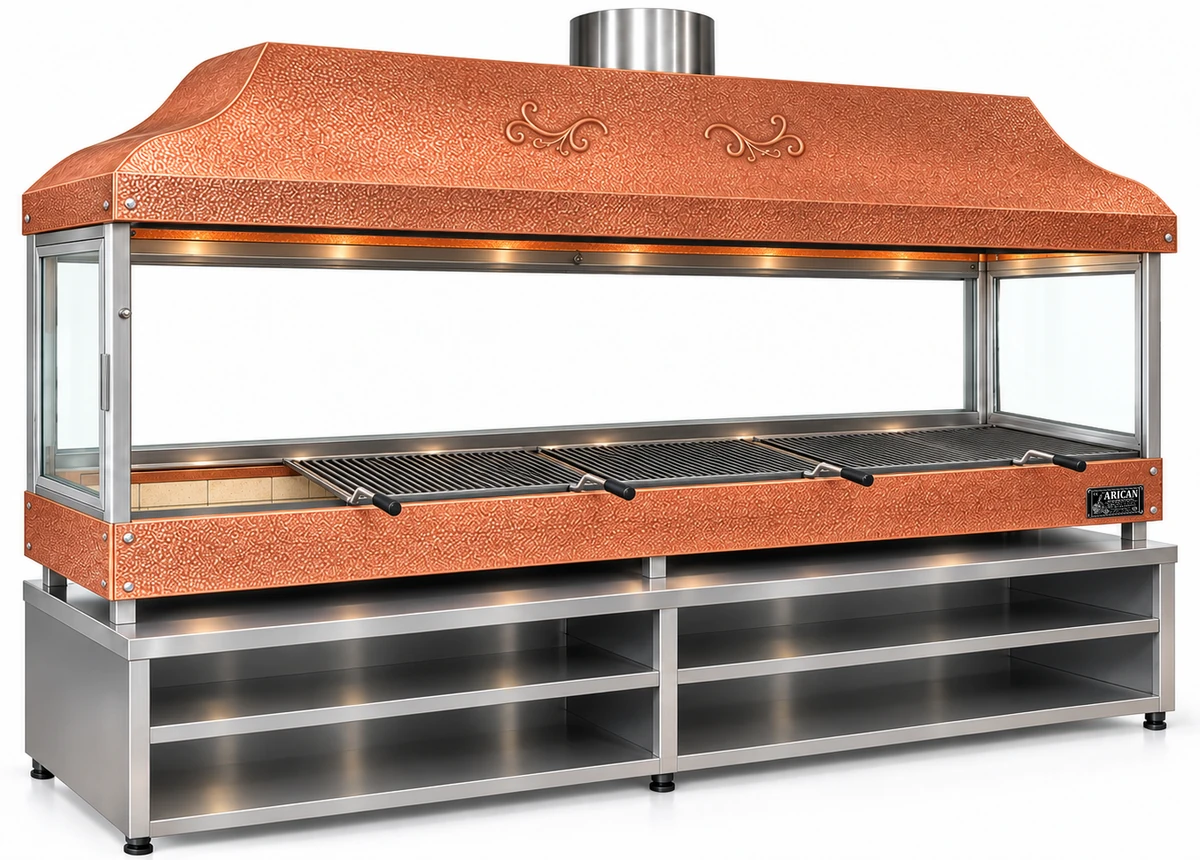 Holzkohle-Kebabgrill mit Kupferhaube, gehärtetem Glas und Unterschrank · 300 cm