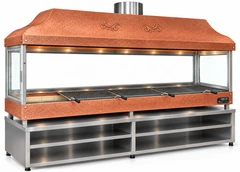 Parrilla de carbón para kebab con campana de cobre, vidrio templado y mueble inferior · 300 cm