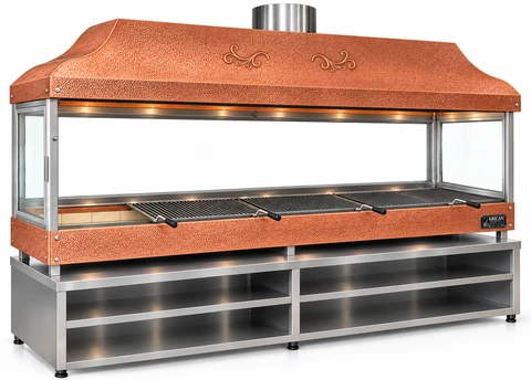 Holzkohle-Kebabgrill mit Kupferhaube, gehärtetem Glas und Unterschrank · 300 cm