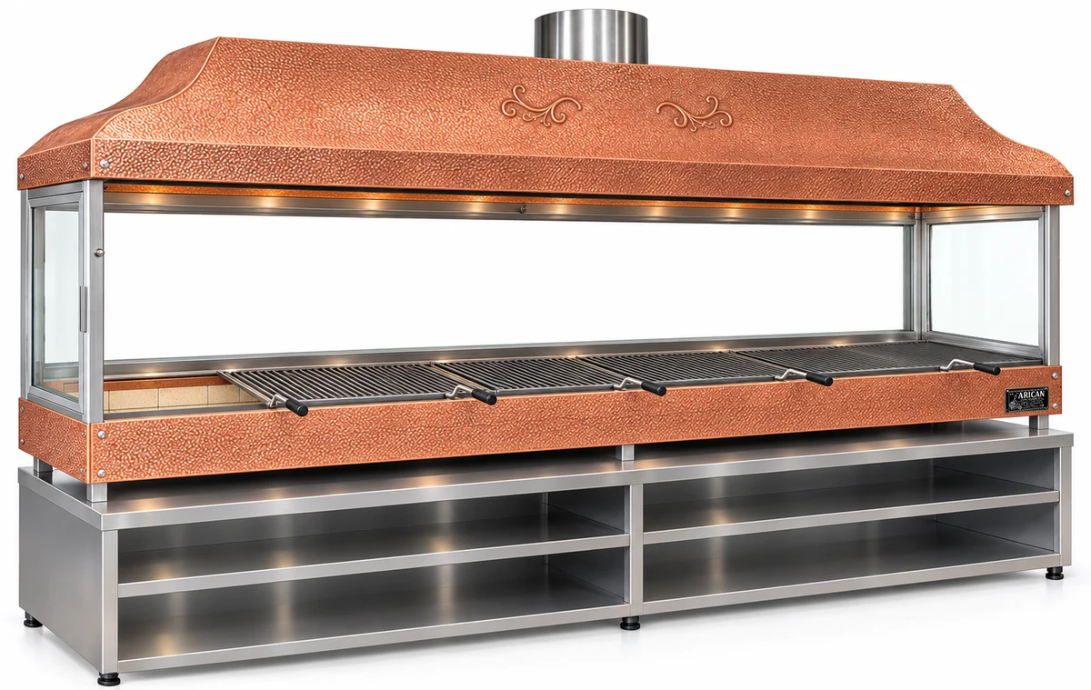 Holzkohle-Kebabgrill mit Kupferhaube, gehärtetem Glas und Unterschrank · 350 cm