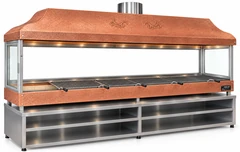 Parrilla de carbón para kebab con campana de cobre, vidrio templado y mueble inferior · 350 cm