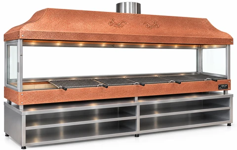 Holzkohle-Kebabgrill mit Kupferhaube, gehärtetem Glas und Unterschrank · 350 cm