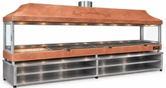 Parrilla de carbón para kebab con campana de cobre, vidrio templado y mueble inferior · 400 cm
