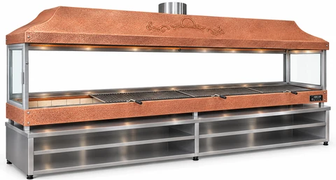 Holzkohle-Kebabgrill mit Kupferhaube, gehärtetem Glas und Unterschrank · 400 cm