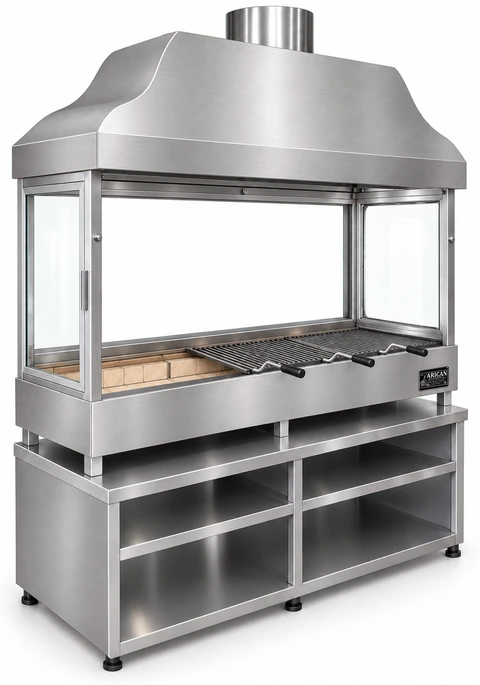 Holzkohle-Kebabgrill mit Edelstahlhaube, gehärtetem Glas und Unterschrank · 100 cm