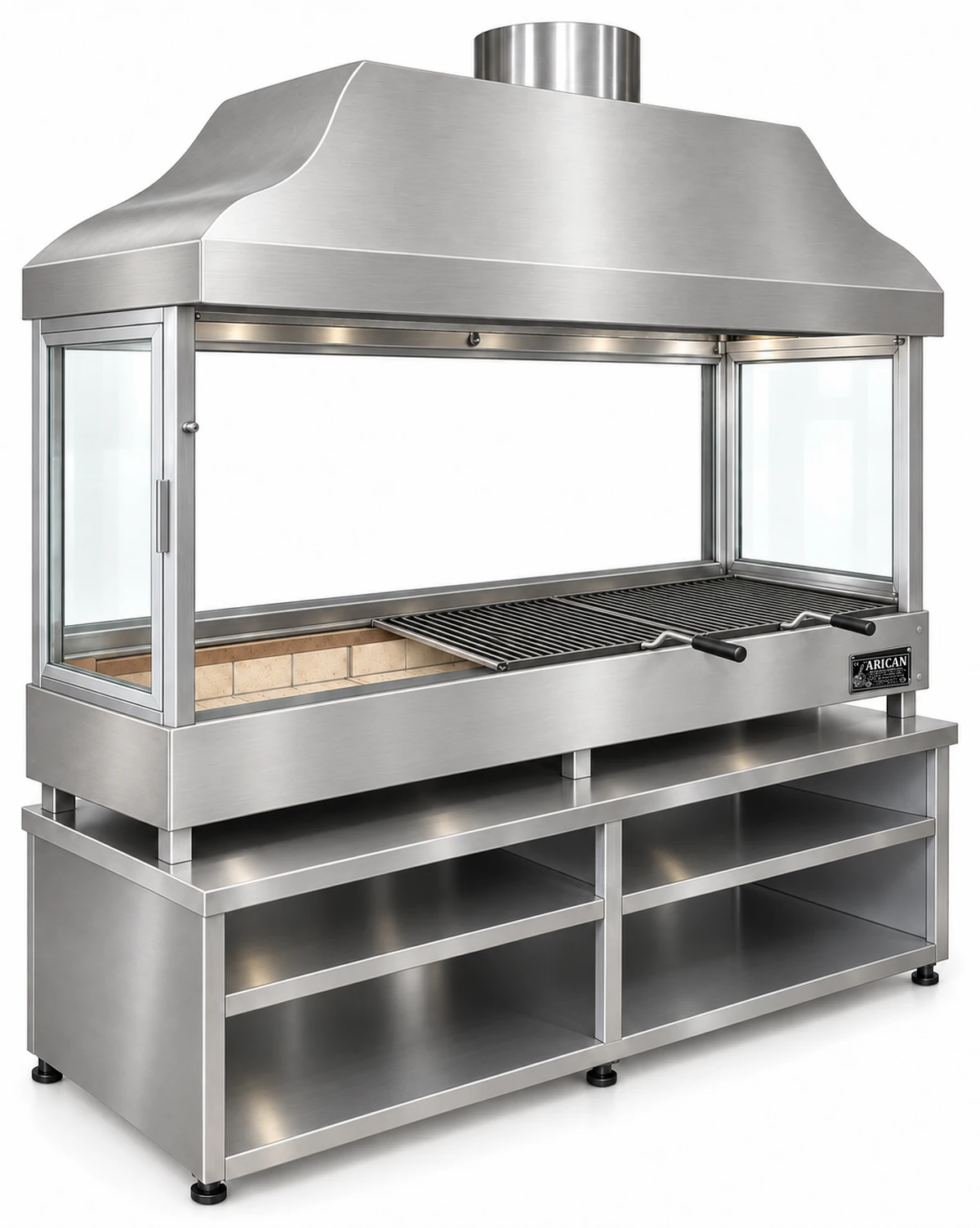 Holzkohle-Kebabgrill mit Edelstahlhaube, gehärtetem Glas und Unterschrank · 125 cm
