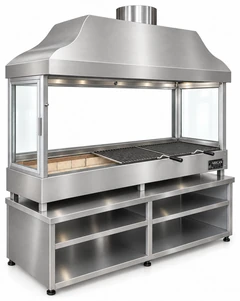 Parrilla de carbón para kebab con campana de acero inoxidable, vidrio templado y mueble inferior · 125 cm