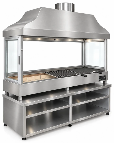 Holzkohle-Kebabgrill mit Edelstahlhaube, gehärtetem Glas und Unterschrank · 125 cm