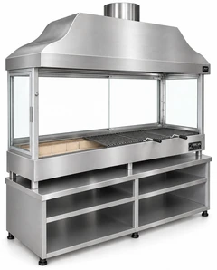 Parrilla de carbón para kebab con campana de acero inoxidable, vidrio templado y mueble inferior · 150 cm