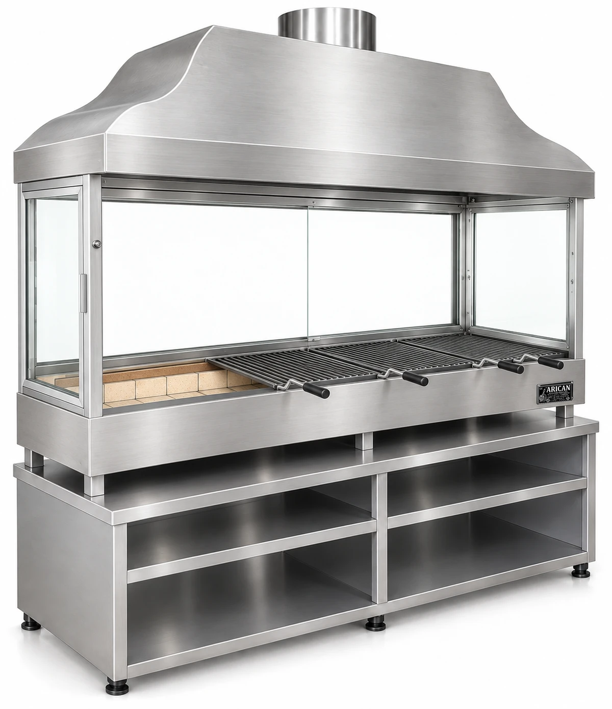 Holzkohle-Kebabgrill mit Edelstahlhaube, gehärtetem Glas und Unterschrank · 175 cm