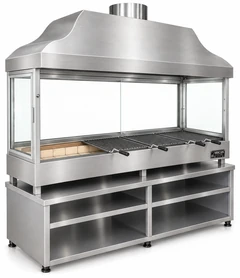 Parrilla de carbón para kebab con campana de acero inoxidable, vidrio templado y mueble inferior · 175 cm