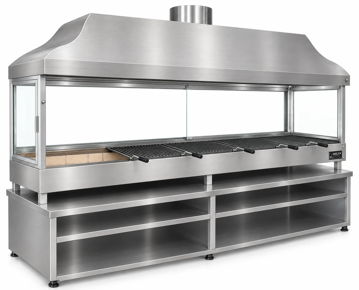 Holzkohle-Kebabgrill mit Edelstahlhaube, gehärtetem Glas und Unterschrank · 200 cm