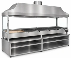 Parrilla de carbón para kebab con campana de acero inoxidable, vidrio templado y mueble inferior · 200 cm