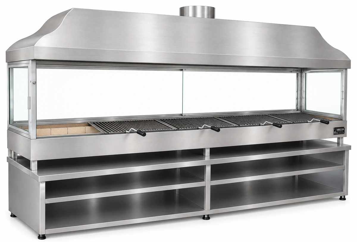Holzkohle-Kebabgrill mit Edelstahlhaube, gehärtetem Glas und Unterschrank · 250 cm