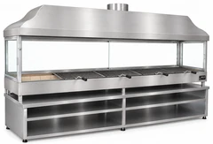 Parrilla de carbón para kebab con campana de acero inoxidable, vidrio templado y mueble inferior · 250 cm