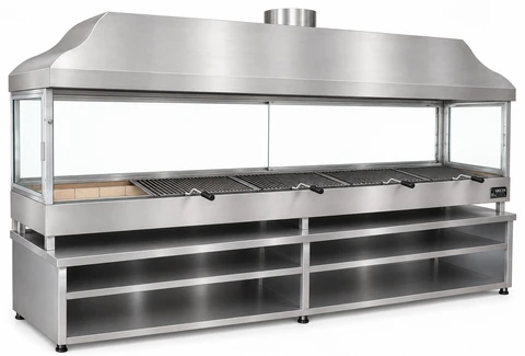 Holzkohle-Kebabgrill mit Edelstahlhaube, gehärtetem Glas und Unterschrank · 250 cm
