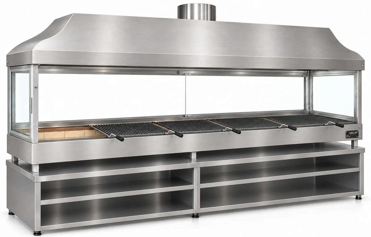 Holzkohle-Kebabgrill mit Edelstahlhaube, gehärtetem Glas und Unterschrank · 300 cm
