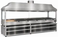 Parrilla de carbón para kebab con campana de acero inoxidable, vidrio templado y mueble inferior · 300 cm