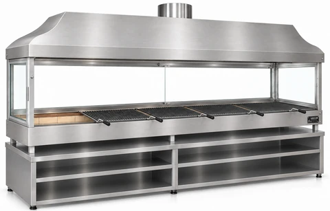 Holzkohle-Kebabgrill mit Edelstahlhaube, gehärtetem Glas und Unterschrank · 300 cm