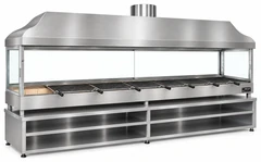 Parrilla de carbón para kebab con campana de acero inoxidable, vidrio templado y mueble inferior · 350 cm