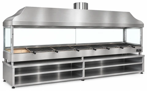 Holzkohle-Kebabgrill mit Edelstahlhaube, gehärtetem Glas und Unterschrank · 350 cm