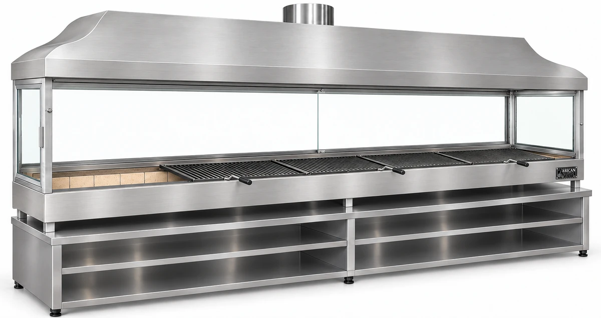 Holzkohle-Kebabgrill mit Edelstahlhaube, gehärtetem Glas und Unterschrank · 400 cm