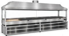 Parrilla de carbón para kebab con campana de acero inoxidable, vidrio templado y mueble inferior · 400 cm