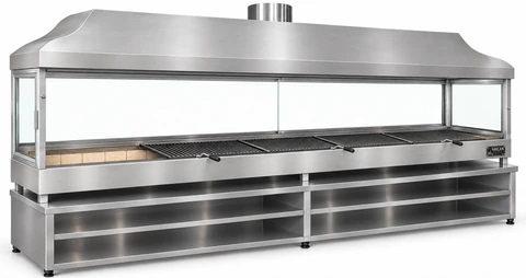 Holzkohle-Kebabgrill mit Edelstahlhaube, gehärtetem Glas und Unterschrank · 400 cm