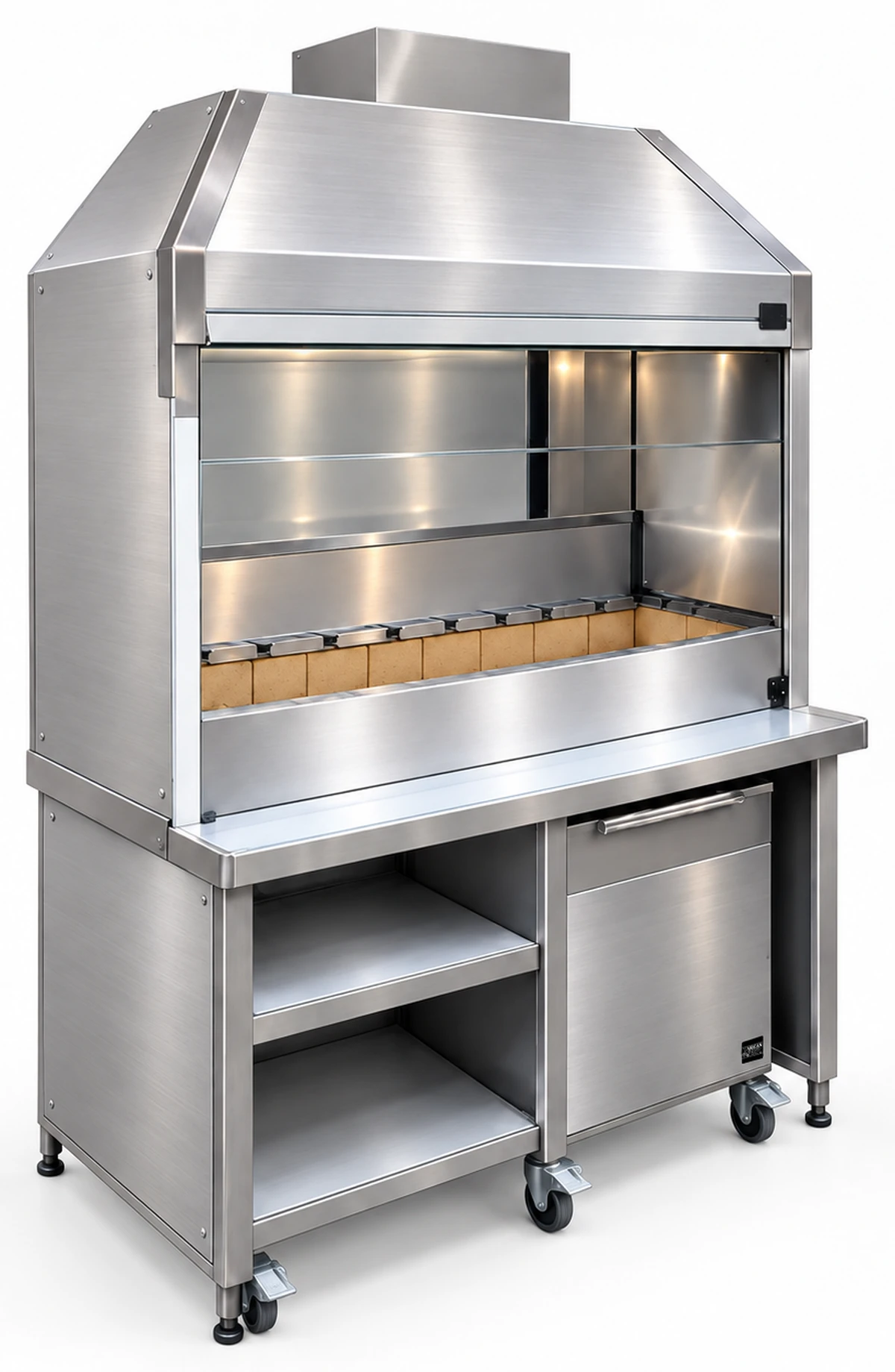 Holzkohle-Kebabgrill aus Edelstahl mit Haube und Unterschrank · 100 cm